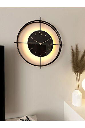 Büyük Boy(55*55 CM) Siyah Göbek Siyah Deluxe Ledli(PİLLİ) - Modern Dekoratif Metal Duvar Saati