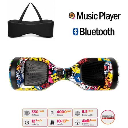 Elektrikli Kaykay Hoverboard Bluetooth Hoparlörlü 6.5 İnç Grafiti D01 - Çanta Hediye