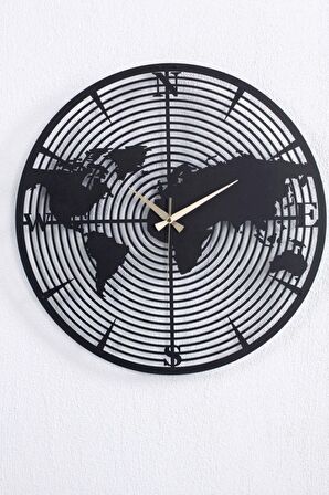 Dünya Haritalı Metal Siyah Duvar Saati 1,5 Mm Kalınlık 50x50 Cm