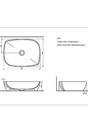 Dies Oval Beyaz Deliksiz Lavabo 50 Cm