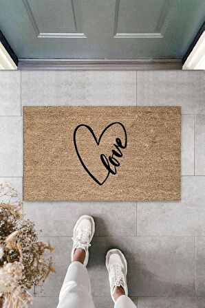 Siyah Kapı Önü Paspası Kalp Love Desen  K-3302