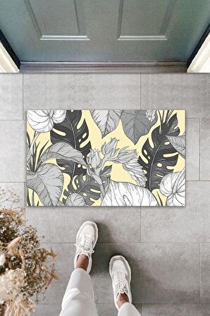 Dekoratif Dijital Baskı Gri Yaprak Dış Mekan Paspas K-2106