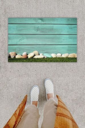 Dijital Baskı Dekoratif Ahşap Duvar Mavi Kapı Önü Paspası K-1268