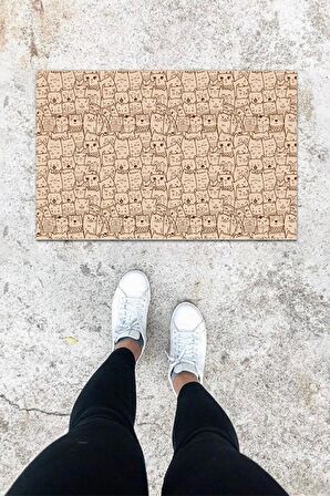 Dijital Baskı Bej Kedili Desen Kapı Önü Paspası K-1024