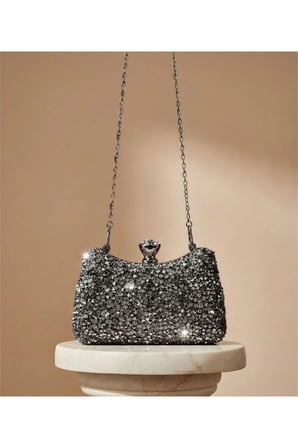 Işıltılı Taşlı Kadın Abiye Çanta Kristal Kilit Detaylı Clutch Portföy Zincir Askılı
