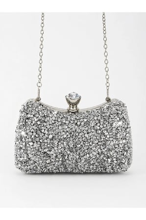 Işıltılı Taşlı Kadın Abiye Çanta Kristal Kilit Detaylı Clutch Portföy Zincir Askılı