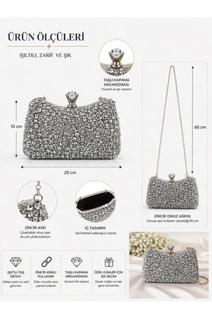 Işıltılı Taşlı Kadın Abiye Çanta Kristal Kilit Detaylı Clutch Portföy Zincir Askılı