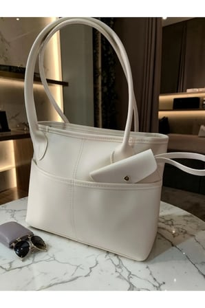 Kadın Tote Shopper Çanta Kontrast Dikiş Ön Cep ve Cüzdan Detaylı Geniş Hacimli Casual Günlük Omuz Çantası