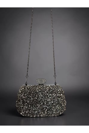 Kadın Kristal Taşlı Abiye Çanta Clutch Portföy Zincir Askılı Parlak Gece Davet Düğün Nişan Çantası (Gümüş - Siyah - Antrasit)