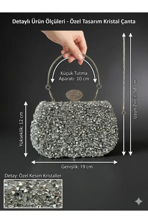 Kadın Kristal Taşlı Abiye Çanta Clutch Portföy Zincir Askılı Parlak Gece Davet Düğün Nişan Çantası (Gümüş - Siyah - Antrasit)