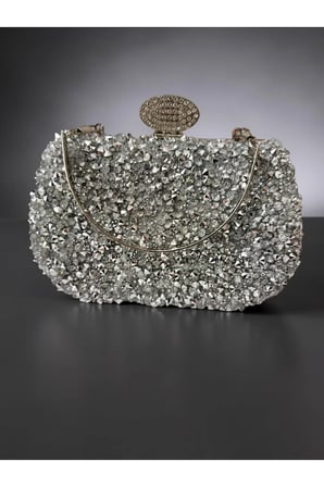 Kadın Kristal Taşlı Abiye Çanta Clutch Portföy Zincir Askılı Parlak Gece Davet Düğün Nişan Çantası (Gümüş - Siyah - Antrasit)