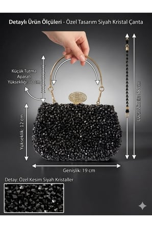 Kadın Kristal Taşlı Abiye Çanta Clutch Portföy Zincir Askılı Parlak Gece Davet Düğün Nişan Çantası (Gümüş - Siyah - Antrasit)