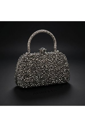 Kadın Antrasit (Gun Metal) Kristal Taşlı Abiye Çanta Clutch Portföy Zincir Askılı Düğün Nişan Gece Çantası