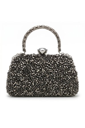 Kadın Antrasit (Gun Metal) Kristal Taşlı Abiye Çanta Clutch Portföy Zincir Askılı Düğün Nişan Gece Çantası