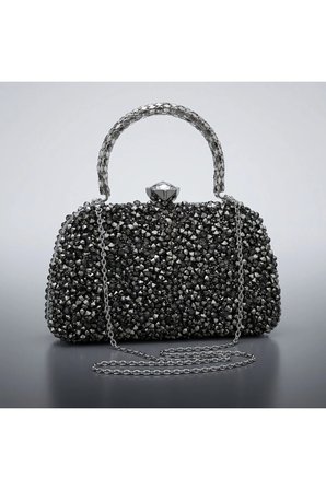 Kadın Antrasit (Gun Metal) Kristal Taşlı Abiye Çanta Clutch Portföy Zincir Askılı Düğün Nişan Gece Çantası