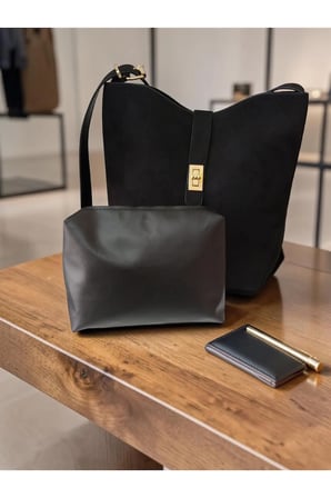 Premium Nubuk Deri Kadın Omuz Çantası – Altın Tokalı Elegant Bucket Model | Zamansız Tasarım