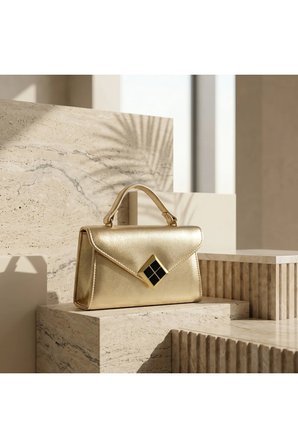Kadın Gold Mini Omuz Çantası Geometrik Tokalı Kapaklı El Çantası Abiye Davet Gece Çantası
