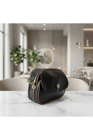 Kadın Siyah Suni Deri Omuz Çantası Taba Detaylı Ayarlanabilir Askılı Günlük Çapraz Çanta