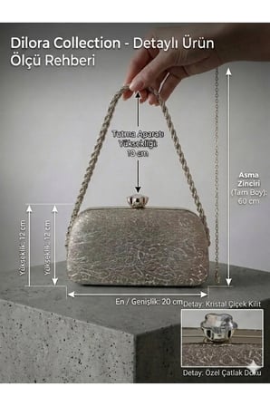 Kadın Dokulu Abiye Çanta Clutch Portföy Zincir Askılı Kristal Taş Kilitli Düğün Nişan Gece Davet Çantası