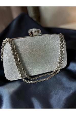 Kadın Dokulu Abiye Çanta Clutch Portföy Zincir Askılı Kristal Taş Kilitli Düğün Nişan Gece Davet Çantası