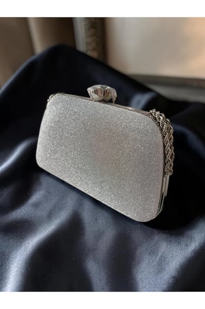 Kadın Dokulu Abiye Çanta Clutch Portföy Zincir Askılı Kristal Taş Kilitli Düğün Nişan Gece Davet Çantası