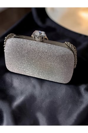 Kadın Dokulu Abiye Çanta Clutch Portföy Zincir Askılı Kristal Taş Kilitli Düğün Nişan Gece Davet Çantası