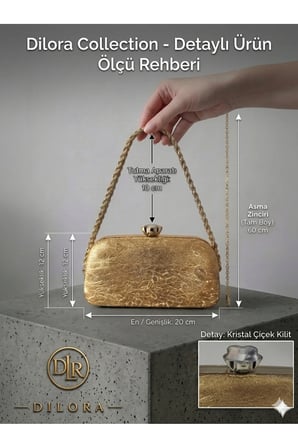 Kadın Gold Dokulu Abiye Çanta Clutch Portföy Zincir Askılı Kristal Taş Kilitli Düğün Nişan Gece Davet Çantası