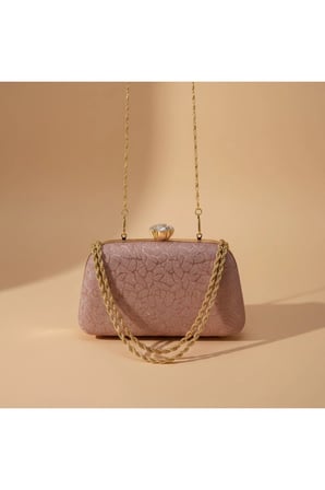 Kadın Rose Gold Dokulu Simli Abiye Çanta Kristal Taş Tokalı Gold Zincir Askılı Gece Davet Clutch El ve Omuz Çantası