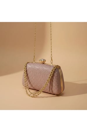 Kadın Rose Gold Dokulu Simli Abiye Çanta Kristal Taş Tokalı Gold Zincir Askılı Gece Davet Clutch El ve Omuz Çantası