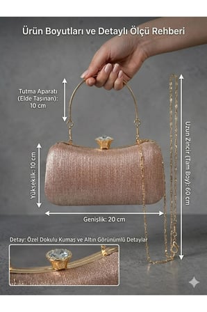 Şampanya / Roze Gold Işıltılı Abiye Çanta – Simli Çizgili Zincir Askılı Gece Çantası