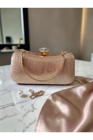 Şampanya / Roze Gold Işıltılı Abiye Çanta – Simli Çizgili Zincir Askılı Gece Çantası