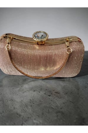 Şampanya / Roze Gold Işıltılı Abiye Çanta – Simli Çizgili Zincir Askılı Gece Çantası