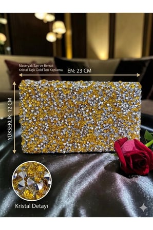 Sarı (Gold Ton) Kristal Taşlı Abiye Çanta – Zincir Askılı Işıltılı Clutch Gece Davet Düğün Nişan Çantası
