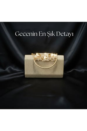 Lüks Görünümlü Gold Taş İşlemeli Kadın Abiye Çanta Işıltılı Clutch Portföy Düğün Nişan Gece Davet Çantası
