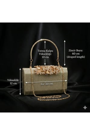 Lüks Görünümlü Gold Taş İşlemeli Kadın Abiye Çanta Işıltılı Clutch Portföy Düğün Nişan Gece Davet Çantası