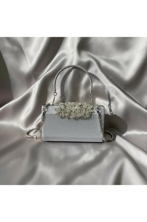 Lüks Görünümlü Gümüş Taş İşlemeli Kadın Abiye Çanta Işıltılı Clutch Portföy Düğün Nişan Gece Davet Çantası