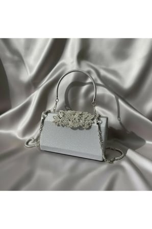 Lüks Görünümlü Gümüş Taş İşlemeli Kadın Abiye Çanta Işıltılı Clutch Portföy Düğün Nişan Gece Davet Çantası