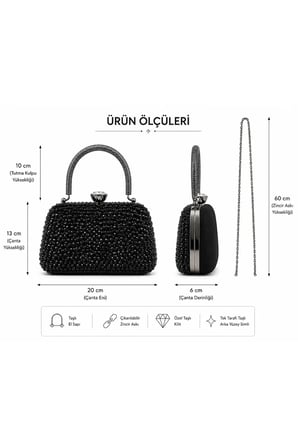 Kadın Siyah Kristal Taşlı Abiye Çanta Clutch Portföy Zincir Askılı Düğün Nişan Gece Çantası