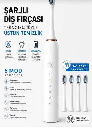 Şarjlı elektrikli diş fırçası IPX7 su geçirmez 42.000 titreşim 6 mod sonic 3 + 1 başlık 