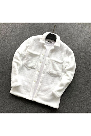 Unisex Beyaz Peluş Polar Hırka Gömlek Siyah Eşofman Altı ( Tişört Dahil Değildir)
