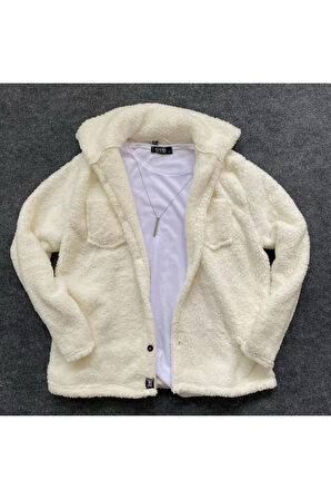 Unisex Beyaz Peluş Polar Hırka Gömlek Siyah Eşofman Altı ( Tişört Dahil Değildir)