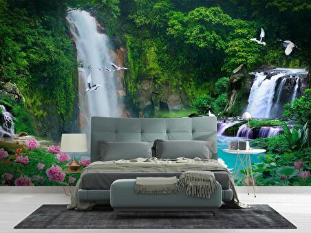 Orman ve Şelale Manzaralı Duvar Kağıdı Baskı