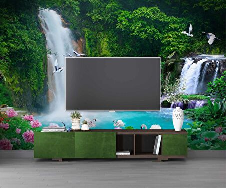 Orman ve Şelale Manzaralı Duvar Kağıdı Baskı