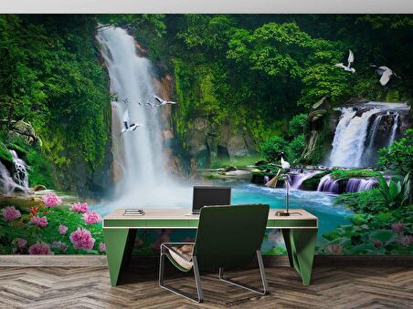 Orman ve Şelale Manzaralı Duvar Kağıdı Baskı