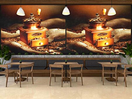 Kahve Çekme Makineli Cafe Duvar Kağıdı Baskı