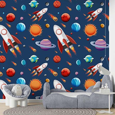 Uzay Desenli Duvar Kağıdı Baskı