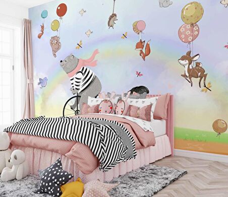 Balonlu Ayıcık ve Kız Çocuğu Duvar Kağıdı Baskı