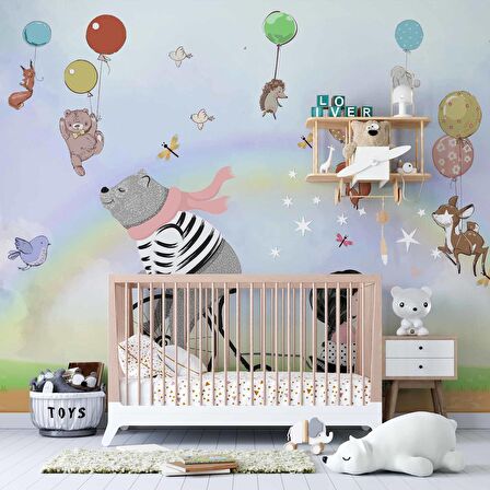 Balonlu Ayıcık ve Kız Çocuğu Duvar Kağıdı Baskı