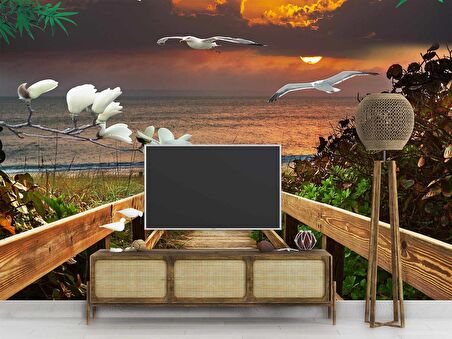 Deniz Kuş Ağaç Çiçek Günbatımı Manzaralı Modern Duvar Kağıdı Baskı