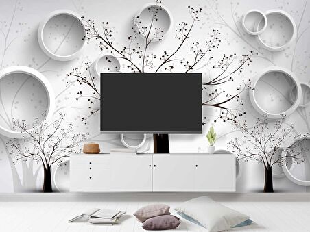 3 Boyutlu Ağaç ve Halka Desenli Beyaz Duvar Kağıdı